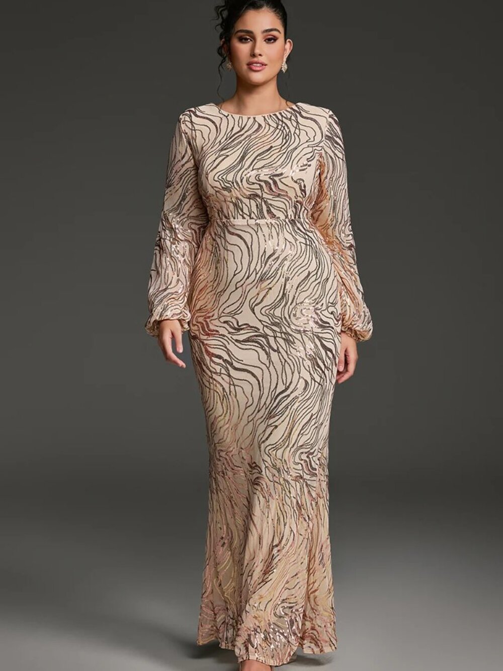 Curveins Plus Size Round Neck Puff Sleeve Striped Sequin Bodycon Maxi Dress BNWT